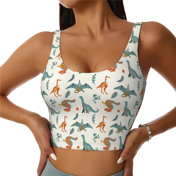 Daiia Summer Dinosaur Printed Women's Sports Bra, Breathable Activewear Bra with U-Back Design and Removable Pads, Comfortable and Supportive for Yoga, Workout-Small