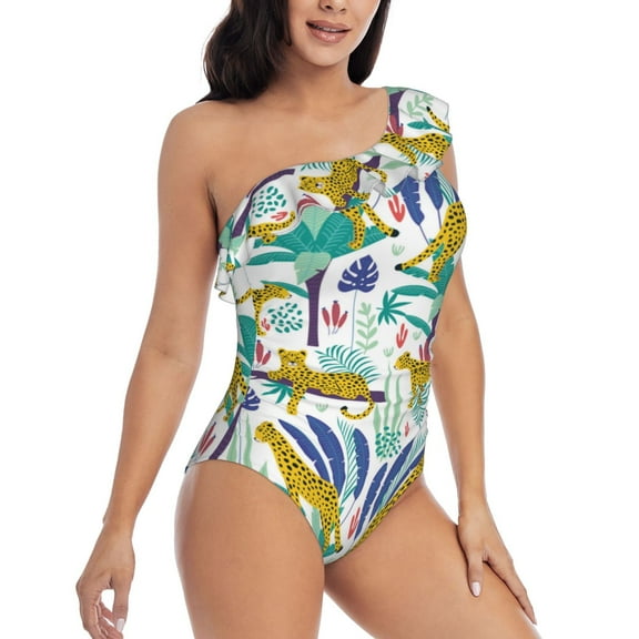 Daiia Summer Leopard Women's One Piece Swimsuits Personalized One Shoulder Swimwear Asymmetric Ruffle Bathing Suits-Medium