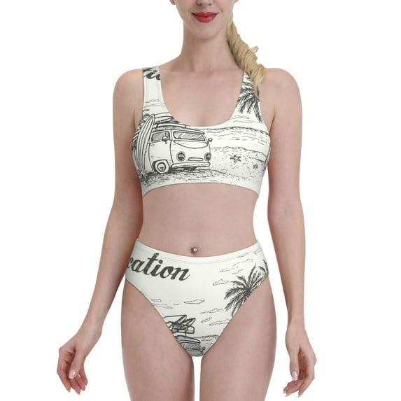 Daiia Summer Vacation Scene With Camping Van printed 2 piece Swimsuit Bikinis for Women High Waisted Racerback Bathing Suits Summer Tummy Control Scoop Neck Swimwear-Medium
