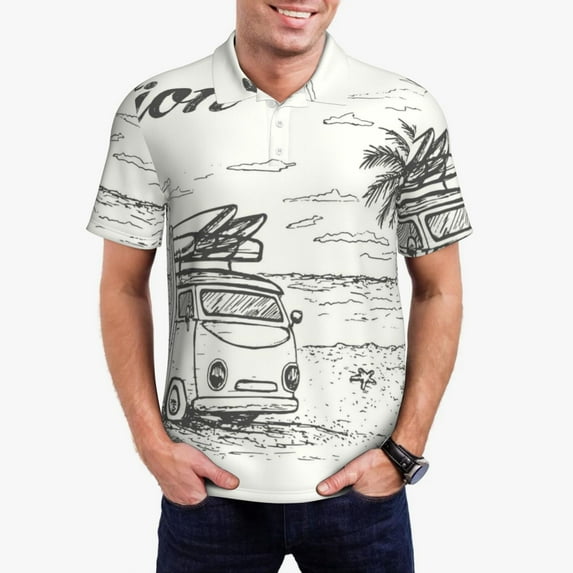 Daiia Summer Vacation Scene With Camping Van Pattern Men’s Polo Shirts,Solid Deck Shirt,Classic Fit, Breathable Cotton Polo for Casual and Sport Wear-Medium