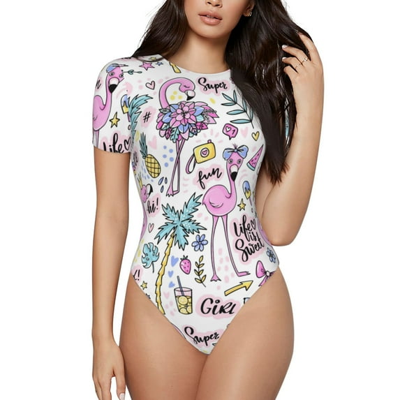 Daiia Summer with Flamingo print Women's Crew Neck Short Sleeve Bodysuit Fashion Tops Fit Casual Basic Extender Bodysuit-XX-Large