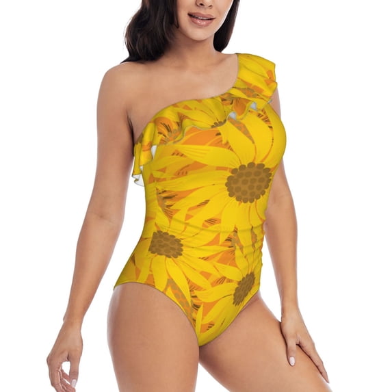 Daiia Sun Flowers Women's One Piece Swimsuits Personalized One Shoulder Swimwear Asymmetric Ruffle Bathing Suits-XX-Large