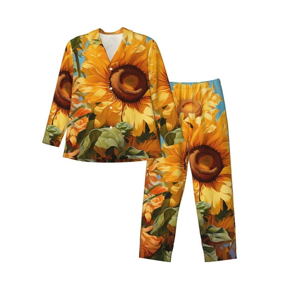 Daiia Sunflower Blue Sky for Men's Long-Sleeved Pajama Set – Soft & Comfortable Sleepwear Button-Up Pajamas Cozy Lounge Wear-XX-Large