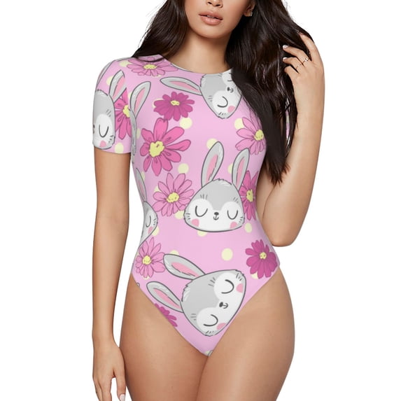 Daiia Sunflower Rabbit print Women's Crew Neck Short Sleeve Bodysuit Fashion Tops Fit Casual Basic Extender Bodysuit-XX-Large