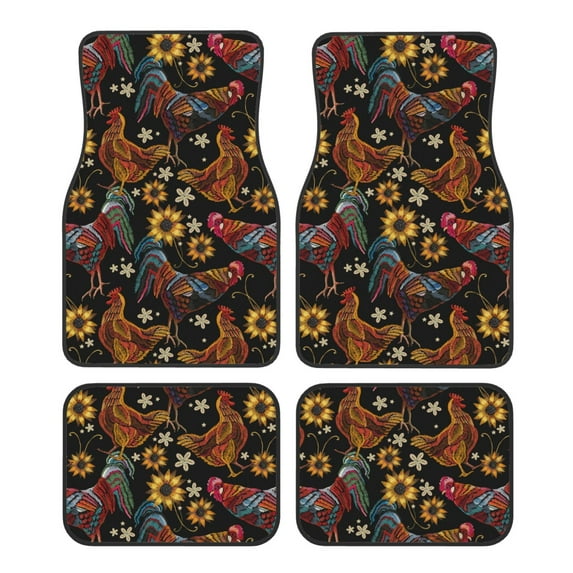 Daiia Sunflower Rooster Printed Car Floor Mats Set of 4, Durable Non Slip Auto Floor Carpet, Car Interior Carpets Proof Foot Pads Anti-Slip Cushion Automoetive Accessories