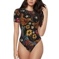 thumbnail image 1 of Daiia Sunflower Rooster print Women's Crew Neck Short Sleeve Bodysuit Fashion Tops Fit Casual Basic Extender Bodysuit-X-Large, 1 of 9