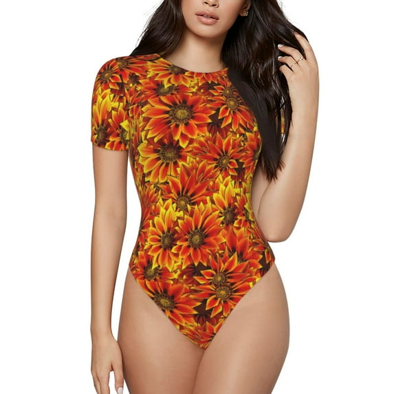 Daiia Sunflower4 Women'S Crew Neck Short Sleeve Slim Fit T Shirts Tops Basic Bodysuit Leotard Clothing-Small