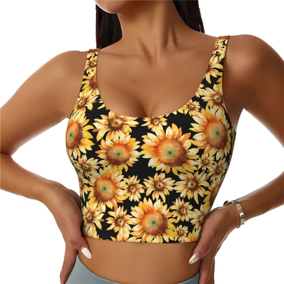 Daiia Sunflowers 1 Printed Women's Sports Bra, Breathable Activewear Bra with U-Back Design and Removable Pads, Comfortable and Supportive for Yoga, Workout-X-Large