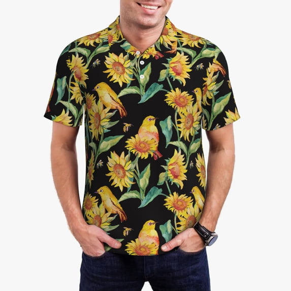 Daiia Sunflowers And Bird Pattern Men’s Polo Shirts,Solid Deck Shirt,Classic Fit, Breathable Cotton Polo for Casual and Sport Wear-Large