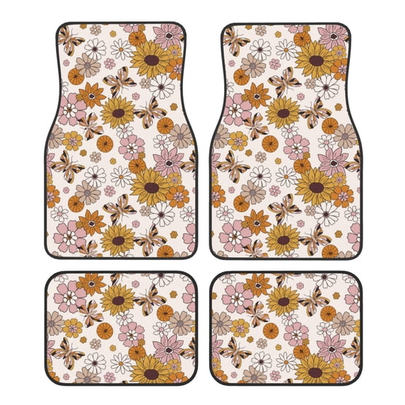 Daiia Sunflowers And Butterflies Printed Car Floor Mats Set of 4, Durable Non Slip Auto Floor Carpet, Car Interior Carpets Proof Foot Pads Anti-Slip Cushion Automoetive Accessories