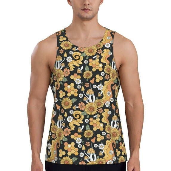 Daiia Sunflowers Bee Printed Men's Quick Dry Fit Muscle Tank Top Slim-Fit Tank Workout Tank Top Lightweight Sports Tank Top-X-Large