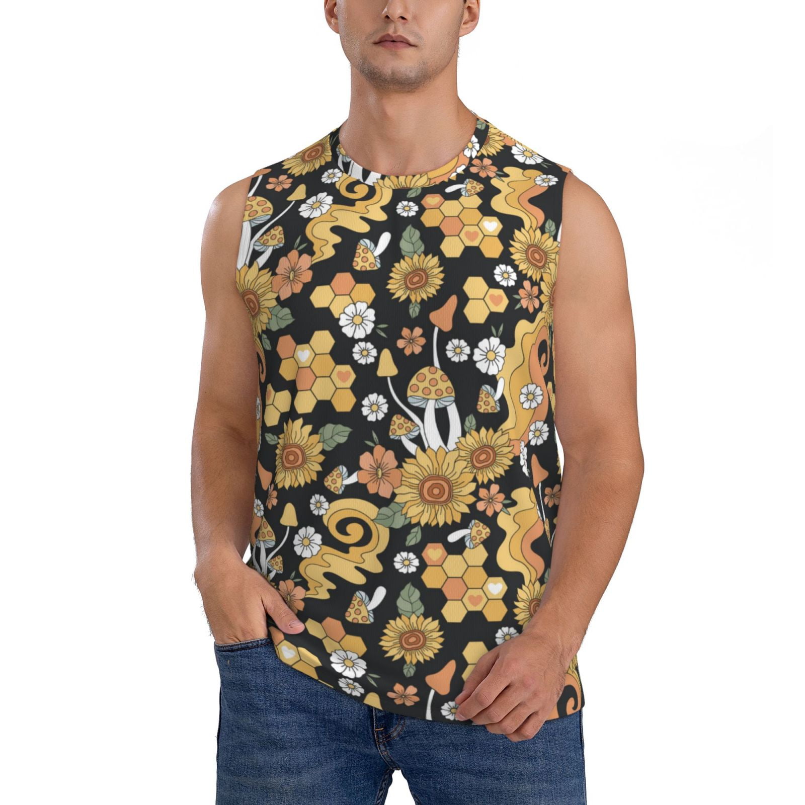 Daiia Sunflowers Bee Printed Men's Tank Tops,Casual Soft Sleeveless Gym