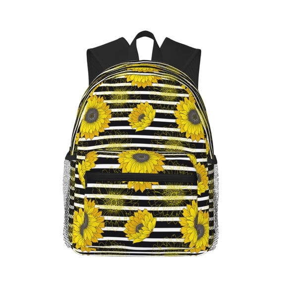 Daiia Sunflowers On Black And White Stripes School Backpack for Men Women, Unisex Large Waterproof Bookbag Schoolbag Casual Daypack for High School/College/Teens/Travel/Work Black