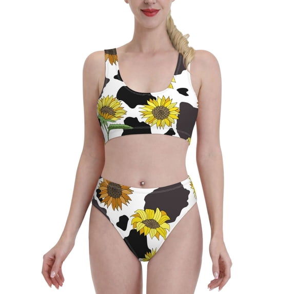 Daiia Sunflowers Country printed 2 piece Swimsuit Bikinis for Women High Waisted Racerback Bathing Suits Summer Tummy Control Scoop Neck Swimwear-Large