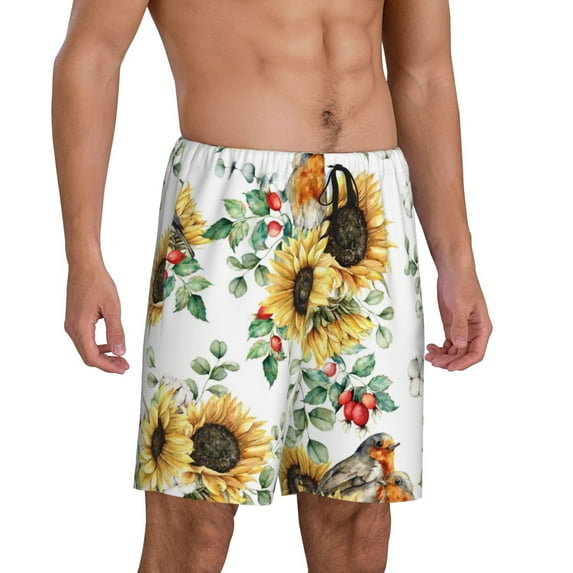 Daiia Sunflowers Leaves And Birds Mens Woven Stretch Pajama Short,Short Pajama Pants-Large