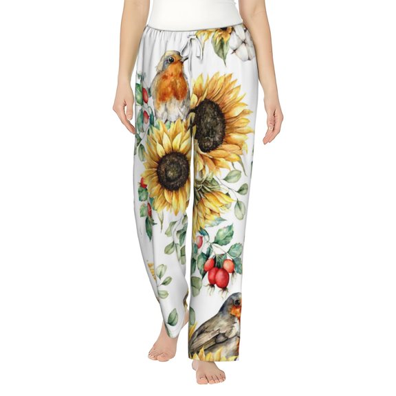 Daiia Sunflowers Leaves And Birds Women's Sleep Pant with Pockets and Drawstring,Pajama Pants-X-Large