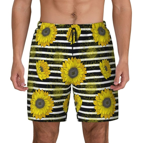Daiia Sunflowers On Black And White Stripes Mens Swim Trunks Swim Shorts Quick Dry Swim Shorts with Mesh Lining Pockets-3X-Large