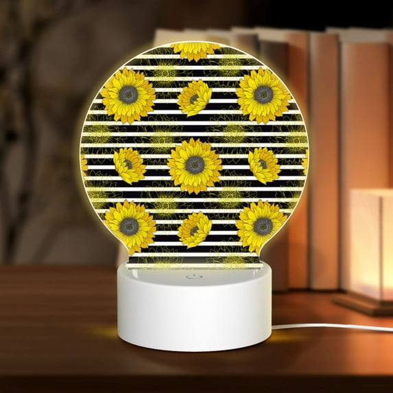Daiia Sunflowers On Black And White Stripes Pattern Acrylic Night Light, LED Touch Light, Bedroom Night Light, Soft Glowing Lamp Perfect Gift for Mother's Day, Birthday, or Christmas