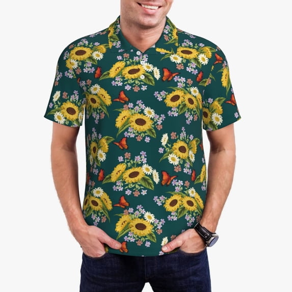 Daiia Sunflowers Pattern Men’s Polo Shirts,Solid Deck Shirt,Classic Fit, Breathable Cotton Polo for Casual and Sport Wear-Large