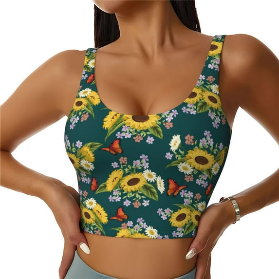 Daiia Sunflowers Printed Women's Sports Bra, Breathable Activewear Bra with U-Back Design and Removable Pads, Comfortable and Supportive for Yoga, Workout-Large