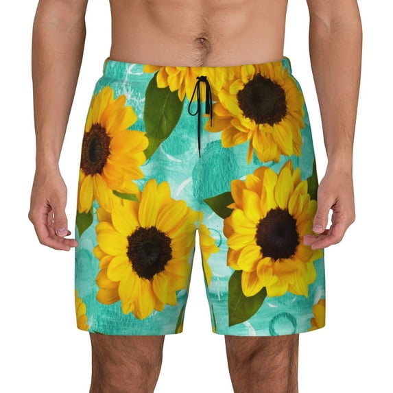 Daiia Sunflowers With Green Leaves Mens Swim Trunks Swim Shorts Quick Dry Swim Shorts with Mesh Lining Pockets-X-Large