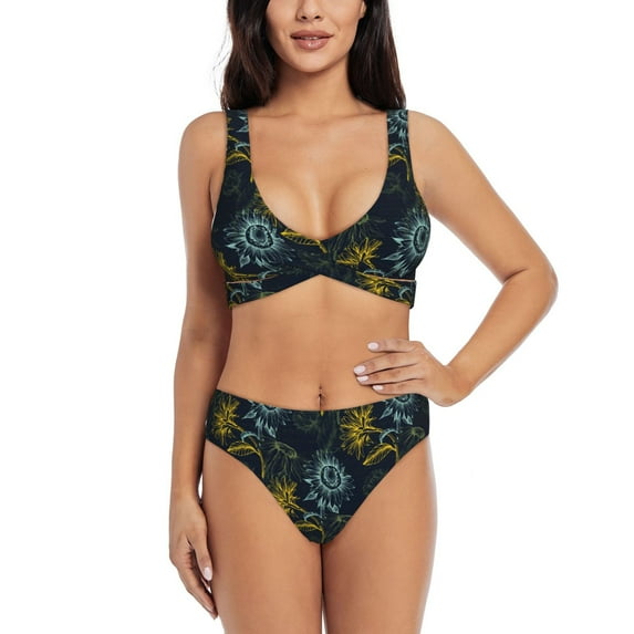 Daiia Sunflowers Women's Bikini Set Two Piece Swimsuit High Waisted Bikini Adjustable Straps Bikini Perfect for Beach, Pool, and Summer Vacation-Large