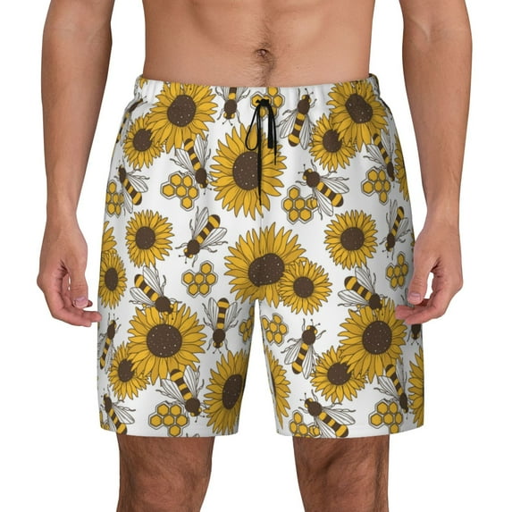 Daiia Sunflowers and Bees Mens Swim Trunks Swim Shorts Quick Dry Swim Shorts with Mesh Lining Pockets-3X-Large