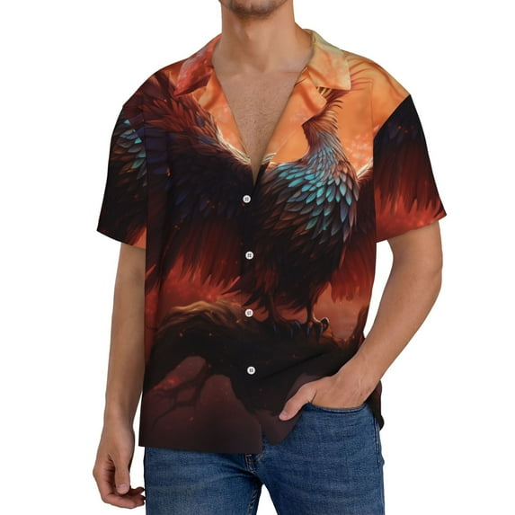 Daiia Sunset Blossoms Phoenix Perch Men's Linen Shirts Short Sleeve Casual Shirts Button Down Shirt for Men Beach Summer Wedding Shirt-Medium