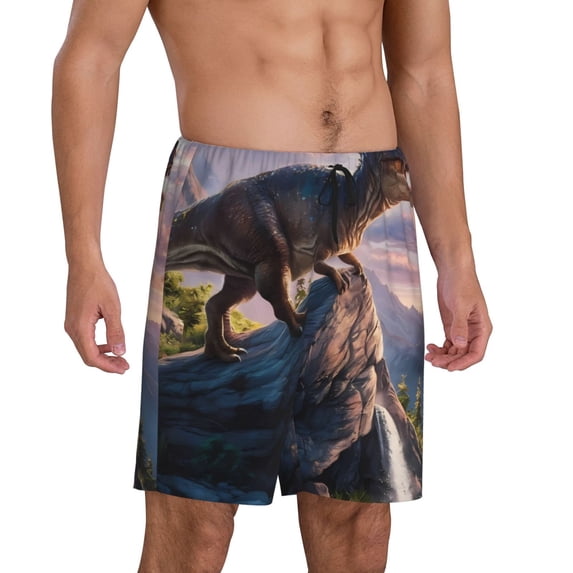 Daiia Sunset Cliff Dinosaur Mens Woven Stretch Pajama Short,Short Pajama Pants-4X-Large