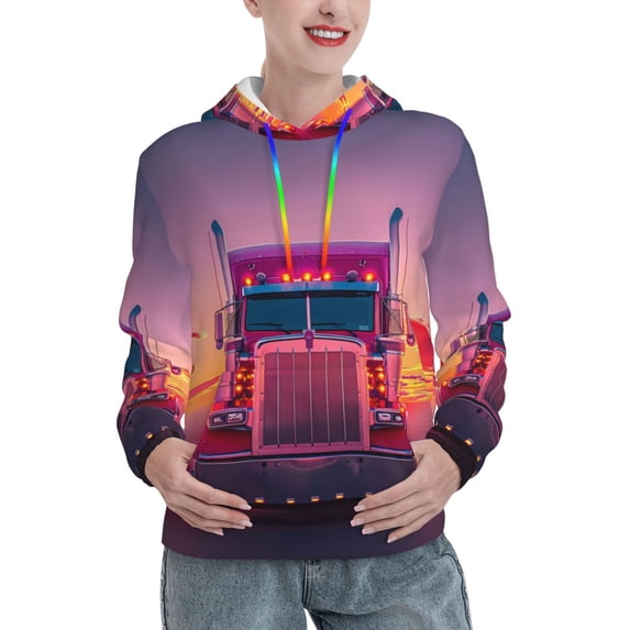 Daiia Sunset Truck Highway Pattern Women's Fashion Hoodies & Sweatshirts with Kangaroo Pocket Hooded Sweatshirt with Eye-catching Drawstrings-Medium