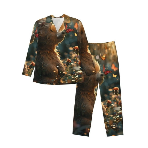 Daiia Sunshine Butterfly Flower Bear for Men's Long-Sleeved Pajama Set – Soft & Comfortable Sleepwear Button-Up Pajamas Cozy Lounge Wear-Small