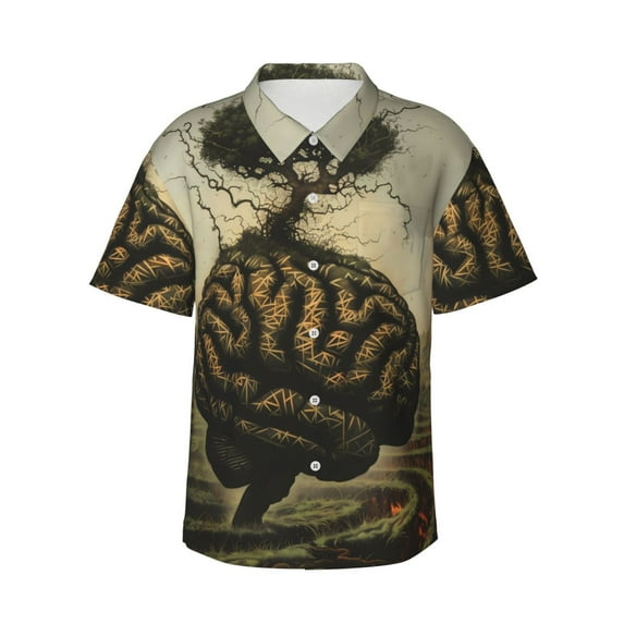 Daiia Surreal Brain Tree Hawaiian Shirt for Men Gentle Cotton Regular Short Sleeve Casual-XX-Large