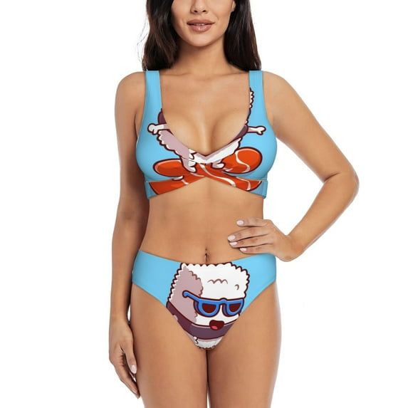 Daiia Sushi Salmon Surfing Women's Bikini Set Two Piece Swimsuit High Waisted Bikini Adjustable Straps Bikini Perfect for Beach, Pool, and Summer Vacation-Large