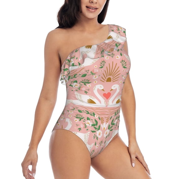 Daiia Swan Couple Women's One Piece Swimsuits Personalized One Shoulder Swimwear Asymmetric Ruffle Bathing Suits-XX-Large