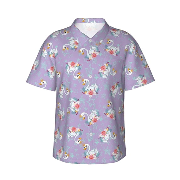 Daiia Swan With Stars Hawaiian Shirt for Men Gentle Cotton Regular Short Sleeve Casual-3X-Large