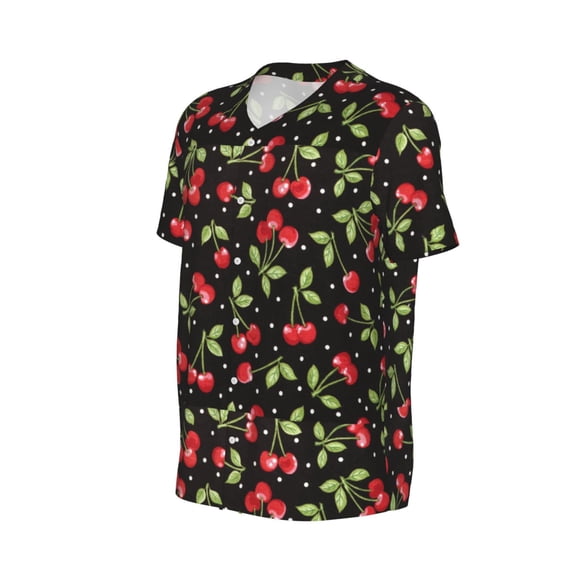 Daiia Sweet Red Cherry Mens Baseball Jersey Button Down Shirts Short Sleeve Sports Uniforms-Large