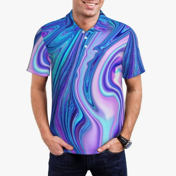 Daiia Swirl Blue And Purple Pattern Men’s Polo Shirts,Solid Deck Shirt,Classic Fit, Breathable Cotton Polo for Casual and Sport Wear-3X-Large