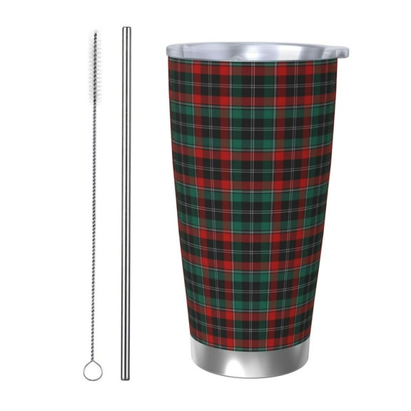 Daiia Tartan Plaid Printed 20oz Insulated Coffee Cup with Straw Topper, Fully Spill Proof Travel Coffee Mug, Stainless Steel Tumbler for Work Home Outdoor Car-Straw