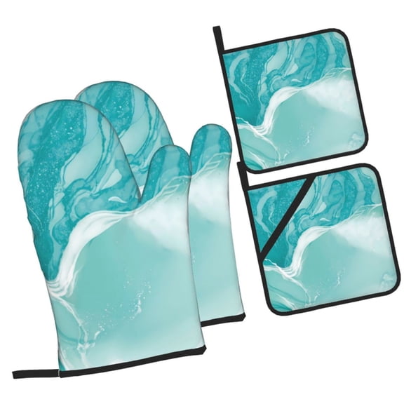 Daiia Teal Turquoise 1 Pattern Oven Mitts and Pot Holders 4 pcs Set,High Heat Resistant 500 Degree Extra Thicken Long Kitchen Cotton Oven Glove