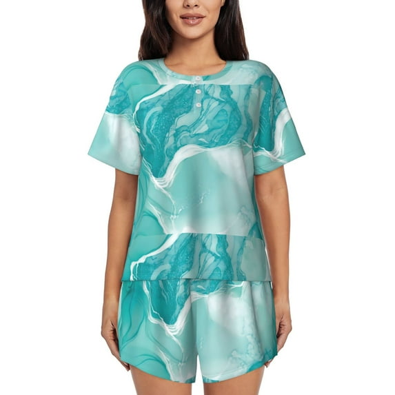 Daiia Teal Turquoise 1 Pattern Womens Pajama Sets Short Sleeve Pajamas for Women Sets Soft Lounge Sets Casual Round Neck Sleepwear PJS-X-Large