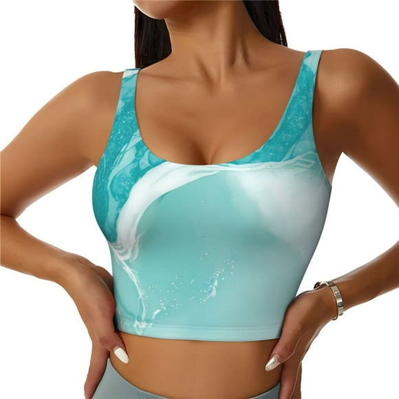 Daiia Teal Turquoise 1 Printed Women's Sports Bra, Breathable Activewear Bra with U-Back Design and Removable Pads, Comfortable and Supportive for Yoga, Workout-Small