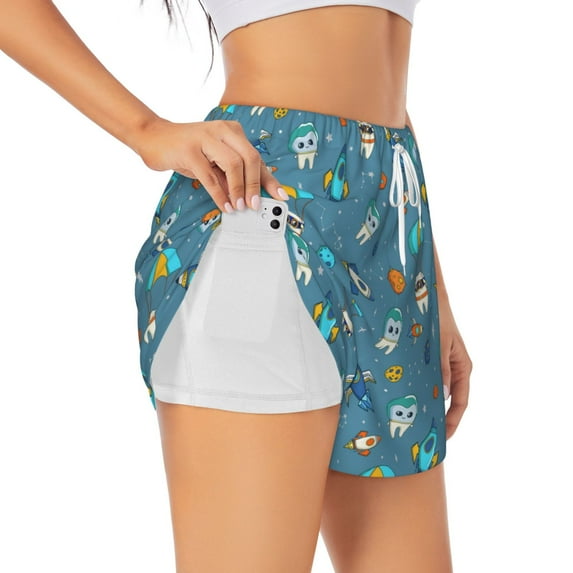 Daiia Teeth Cosmonaut Pattern Women's 2 in 1 Running Shorts - Lightweight Athletic Workout Gym Yoga Shorts Liner with Phone Pockets-Medium