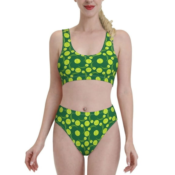 Daiia Tennis Balls printed 2 piece Swimsuit Bikinis for Women High Waisted Racerback Bathing Suits Summer Tummy Control Scoop Neck Swimwear-XX-Large