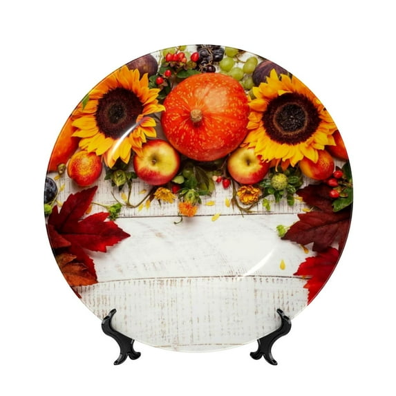 Daiia Thanksgiving With Autumn Printed Pattern Ceramic Plate Dinner Plates Bone China Decorative Plates with Display Stand Art Ceramic Ornaments for Wall Hanging Decoration-8in