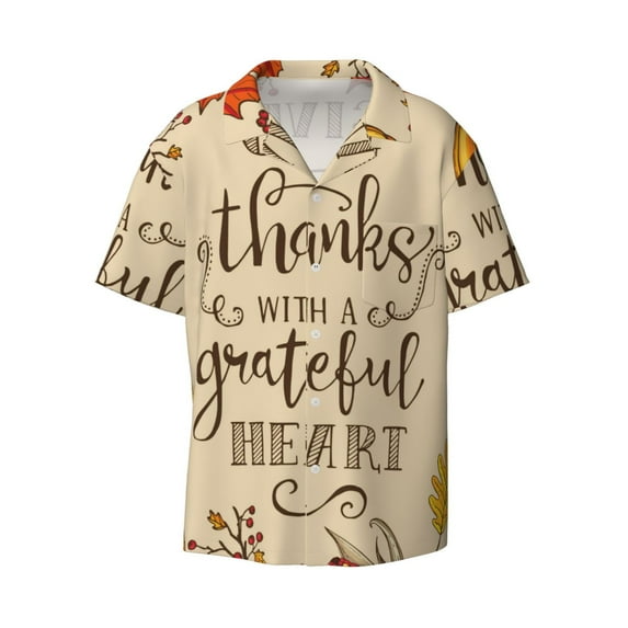 Daiia Thanksgiving With A Grateful Heart Men's Linen Shirts Short Sleeve Casual Shirts Button Down Shirt for Men Beach Summer Wedding Shirt-Medium