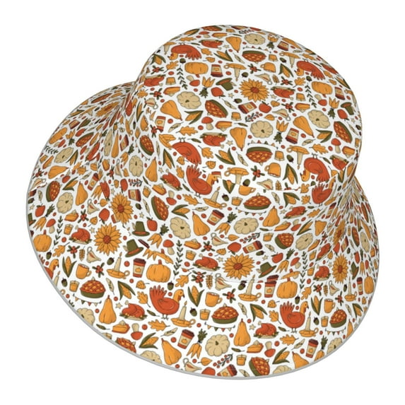 Daiia Thanksgiving with Food Pattern Bucket Hat - Trendy Cotton Sun Hat for Beach, Golf, Fishing - Fun Outdoor Vacation Boonie for Men and Women