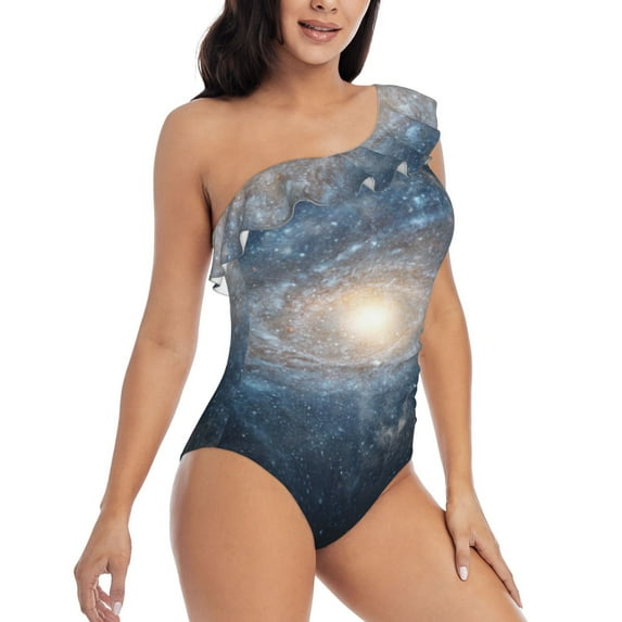 Daiia The Galaxy Women's One Piece Swimsuits Personalized One Shoulder Swimwear Asymmetric Ruffle Bathing Suits-X-Large