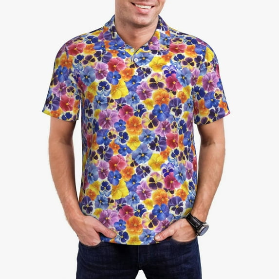 Daiia The Garden Tricolor Pansy Flower Pattern Men’s Polo Shirts,Solid Deck Shirt,Classic Fit, Breathable Cotton Polo for Casual and Sport Wear-Small