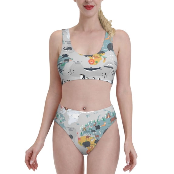 Daiia The World Map with Cartoon Animals printed 2 piece Swimsuit Bikinis for Women High Waisted Racerback Bathing Suits Summer Tummy Control Scoop Neck Swimwear-Medium