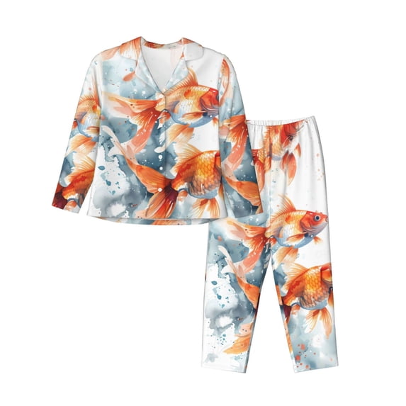 Daiia Three Goldfish Watercolor Splash for Women's Long-Sleeved Pajama Set – Soft & Comfortable Sleepwear Button-Up Pajamas Cozy Lounge Wear-XX-Large